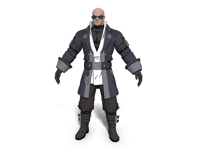 3D Model Bald Man Wearing Sunglasses In Long Coat With White Belt And Black Boots 3d model