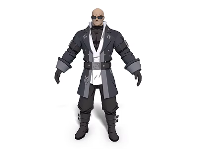 3D Model Bald Man Wearing Sunglasses In Long Coat With White Belt And Black Boots 3d model