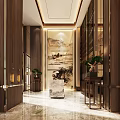 Luxurious Front Desk Reception With Elegant Chandelier Marble Floor And Wooden Decorations