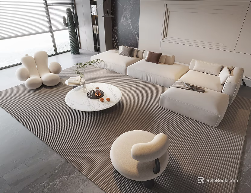 Modern White Sectional Sofa And Round Coffee Table Set With Accent Chairs On Neutral Rug 3d model 