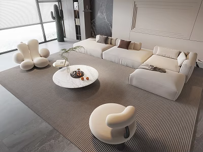 Modern White Sectional Sofa And Round Coffee Table Set With Accent Chairs On Neutral Rug 3d model