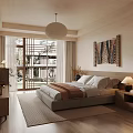 Modern Bedroom Interior With Wooden Furniture TV Bed Pendant Light And Wall Art