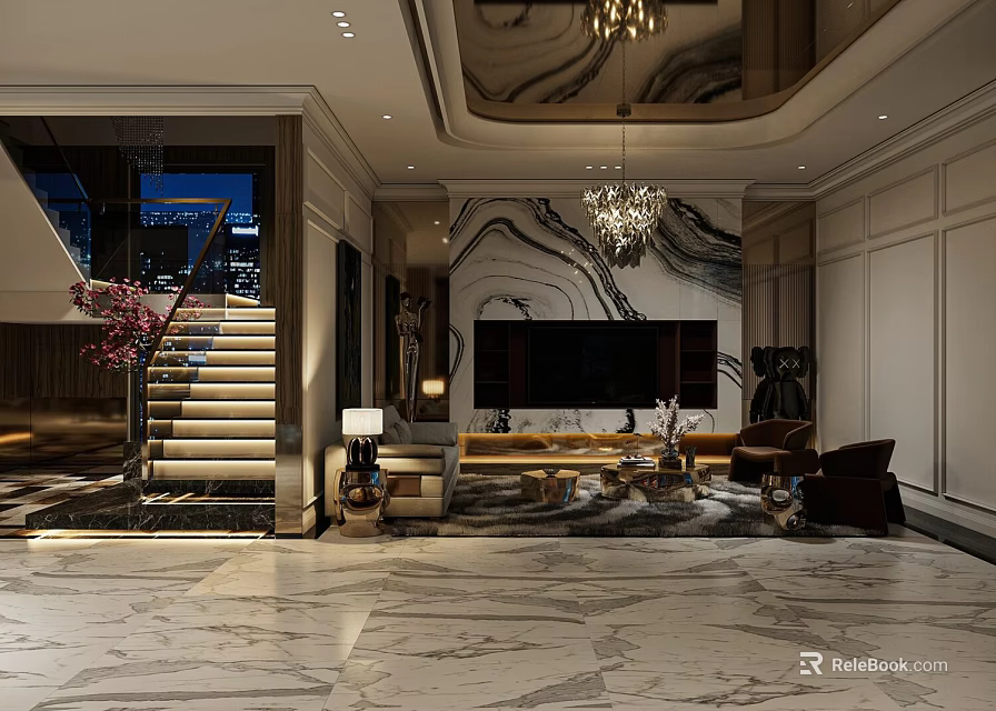 Luxurious Living And Dining Room Interior With Marble Floor Chandelier And TV Wall 3d model 
