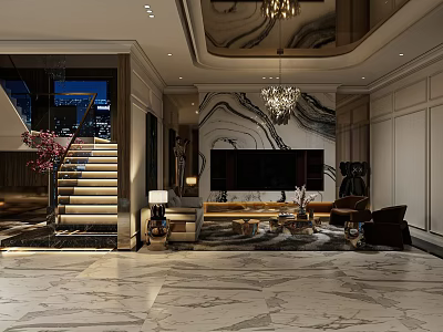 Luxurious Living And Dining Room Interior With Marble Floor Chandelier And TV Wall 3d model