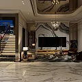 Luxurious Living And Dining Room Interior With Marble Floor Chandelier And TV Wall