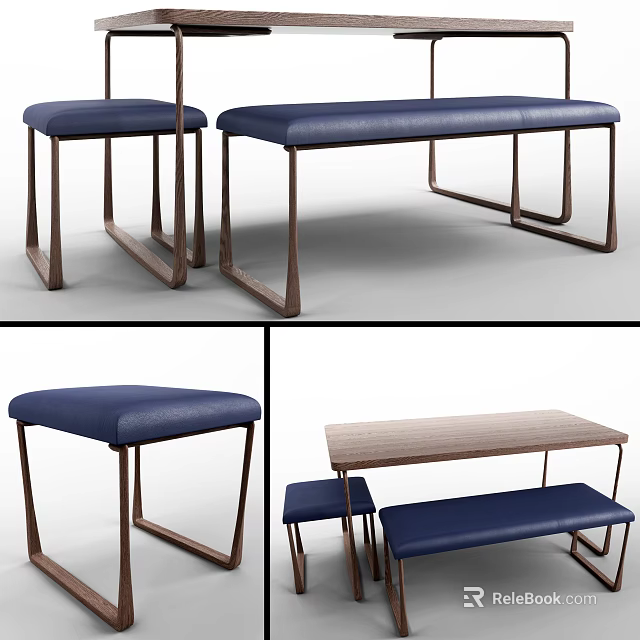 Modern Dining Table Seating Set With Blue Upholstered Stools And Wooden Frame Bench 3d model