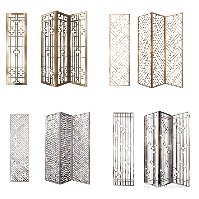 Modern Folding Room Dividers With Laser Cut Geometric Patterns And Metal Frames 3d model