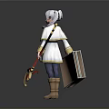 Anime Character With Silver Gray Long Hair White And Yellow Outfit Holding Red Staff Standing