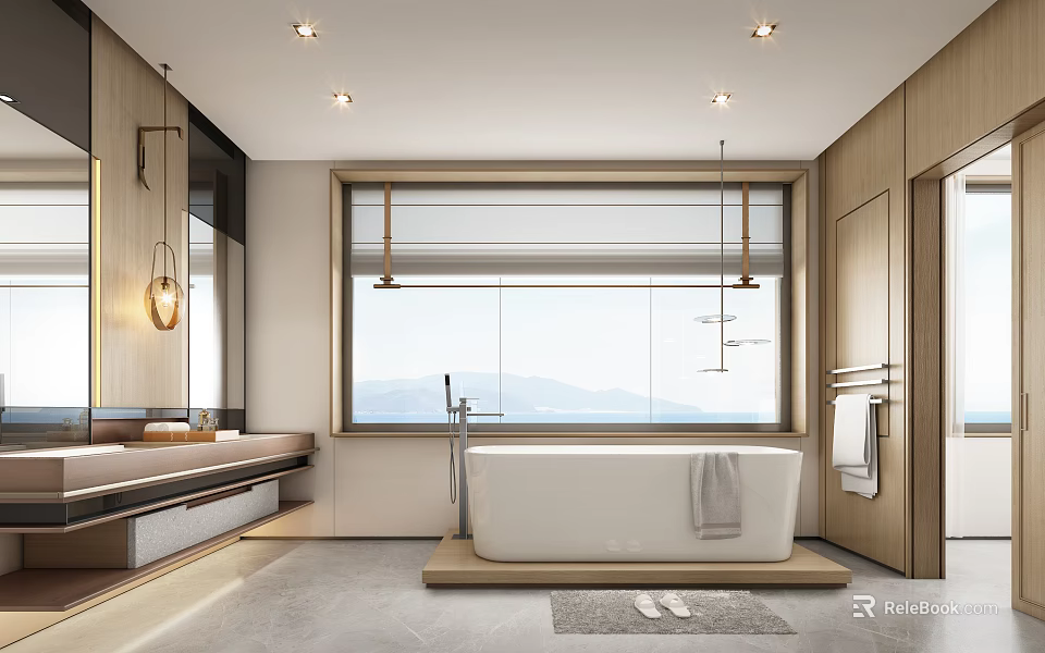 Elegant Modern Bathroom Interior Design With Freestanding Bathtub Large Window And Wooden Vanity 3d model 