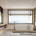 Elegant Modern Bathroom Interior Design With Freestanding Bathtub Large Window And Wooden Vanity