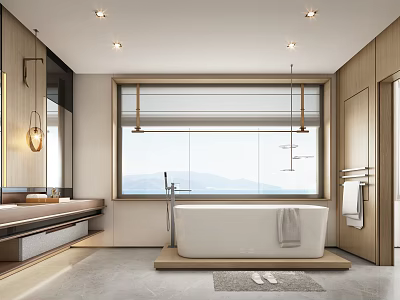 Elegant Modern Bathroom Interior Design With Freestanding Bathtub Large Window And Wooden Vanity 3d model
