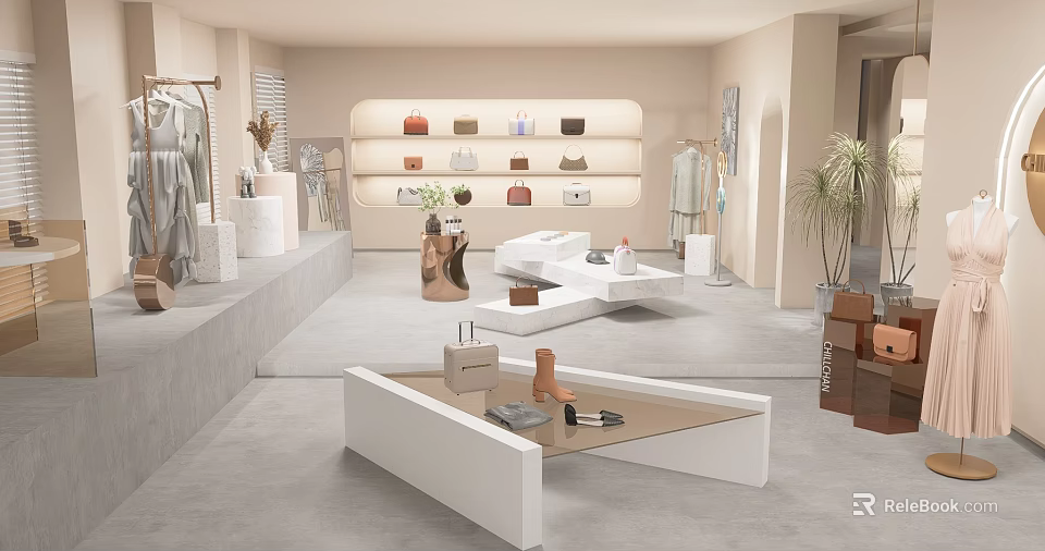 Fashionable Retail Display Space With Luxury Bags Clothes And Modern Shelves 3d model 