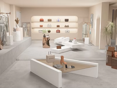 Fashionable Retail Display Space With Luxury Bags Clothes And Modern Shelves 3d model