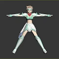 Game Movie Character With Pink Short Hair Green White Armor Costume Standing Pose Arms Outstretched