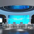 Modern Hi Tech Exhibition Hall Interior With Curved Design Blue Large Screens And White Tables Chairs