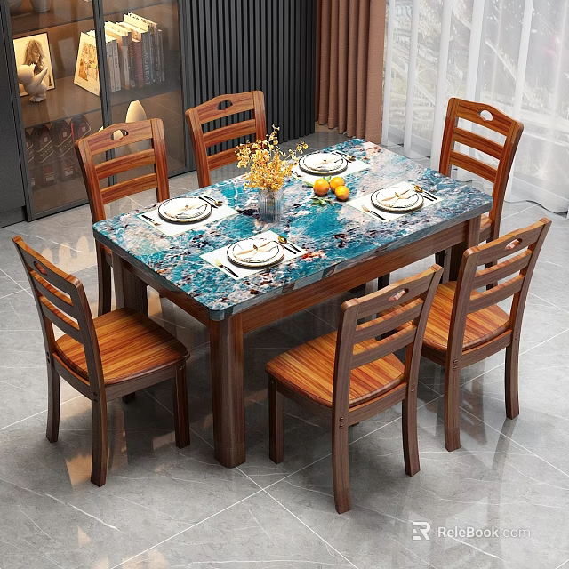 Wooden Dining Table Set with Six Chairs Blue Patterned Top Floral Vase and Fruits 3d model 