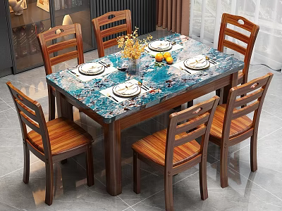 Wooden Dining Table Set with Six Chairs Blue Patterned Top Floral Vase and Fruits 3d model