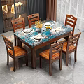 Wooden Dining Table Set with Six Chairs Blue Patterned Top Floral Vase and Fruits