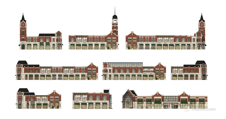 Vibrant Commercial Street With Red Brick Buildings Bell Tower And Diverse Storefronts 3d model 
