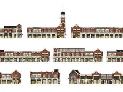Vibrant Commercial Street With Red Brick Buildings Bell Tower And Diverse Storefronts 3d model