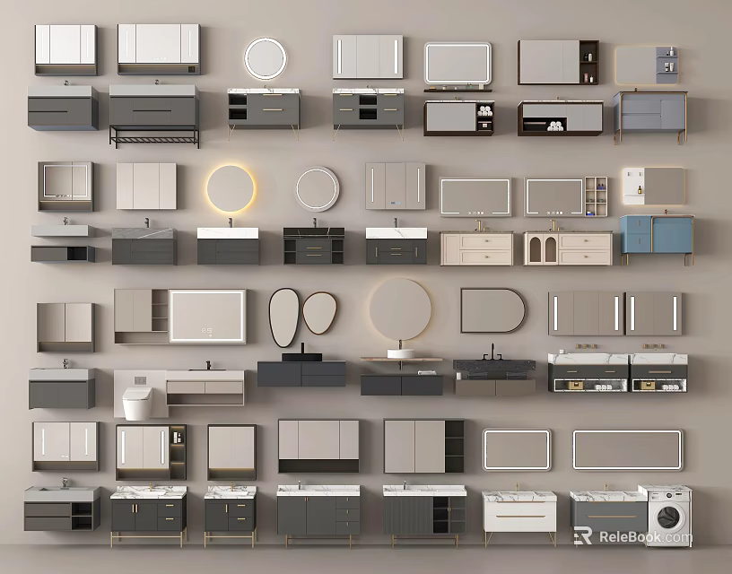 Multiple Modern Bathroom Vanity Units Featuring Mirrors Sinks And Storage Cabinets 3d model