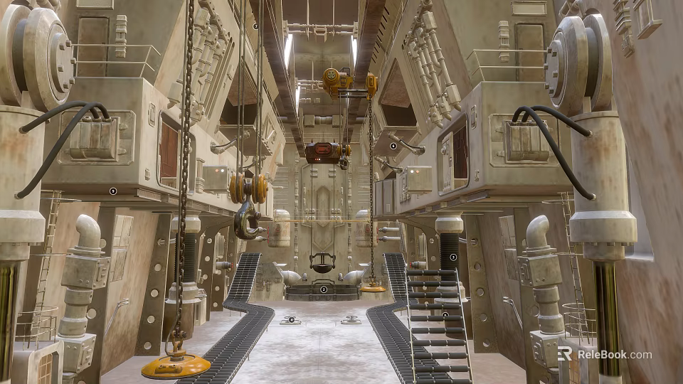 Automotive Workshop Interior With Metal Structures Chains Hoists And Symmetrical Lighting Tracks 3d model 