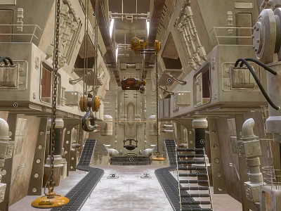 Automotive Workshop Interior With Metal Structures Chains Hoists And Symmetrical Lighting Tracks 3d model