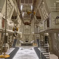 Automotive Workshop Interior With Metal Structures Chains Hoists And Symmetrical Lighting Tracks