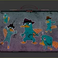 Metallic Tin Suitcase with Red Handle Featuring Cartoon Blue Duck Cowboy Hat and Animal Designs