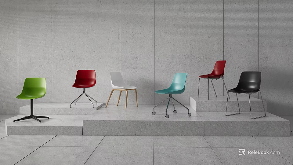 Colorful Modern Dining Chairs With Metal And Wooden Legs On Step Display Against Grey Wall 3d model 