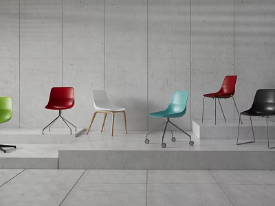 Colorful Modern Dining Chairs With Metal And Wooden Legs On Step Display Against Grey Wall 3d model