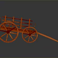 Red Wooden Wagon With Four Spoked Wheels And Open Wooden Rails