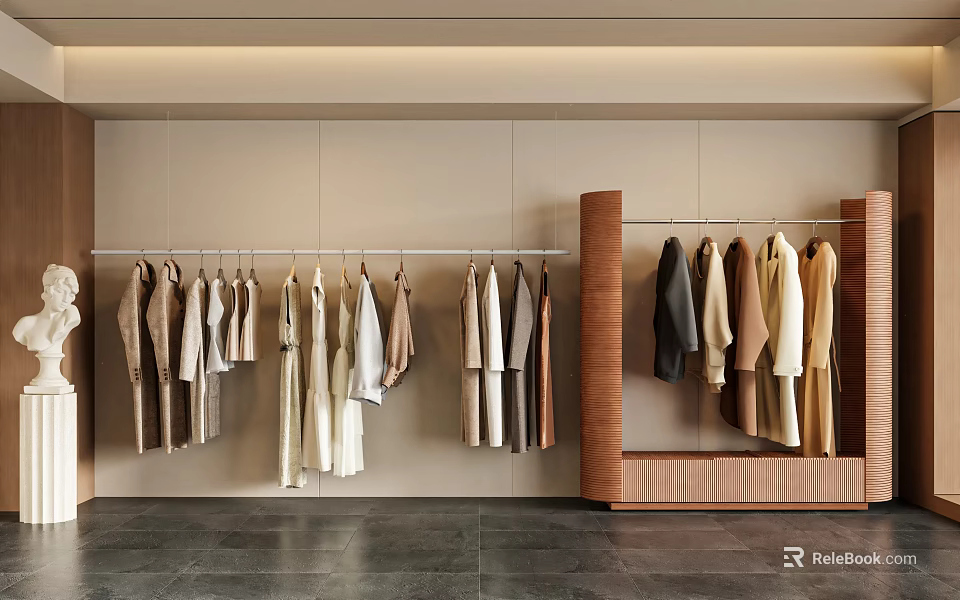 Modern Clothing Store Interior With Hanging Clothes On Racks And Neutral Tones 3d model 