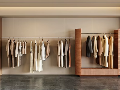 Modern Clothing Store Interior With Hanging Clothes On Racks And Neutral Tones 3d model