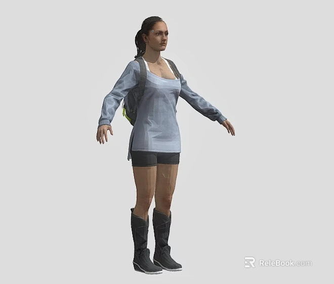 Female Game Character In Light Blue Top Black Shorts And Backpack 3d model 