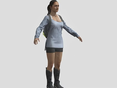 Female Game Character In Light Blue Top Black Shorts And Backpack 3d model