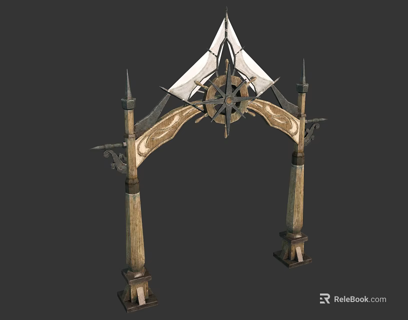 Ornate Decorative Archway Structure With Wooden Pillars Carvings Canopy Fabric And Circular Centerpiece 3d model 
