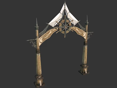 Ornate Decorative Archway Structure With Wooden Pillars Carvings Canopy Fabric And Circular Centerpiece 3d model