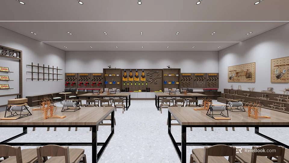 School Educational Workshop Classroom With Wooden Tables Chairs Tools Shelves And Equipment 3d model 