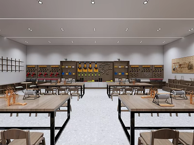 School Educational Workshop Classroom With Wooden Tables Chairs Tools Shelves And Equipment 3d model