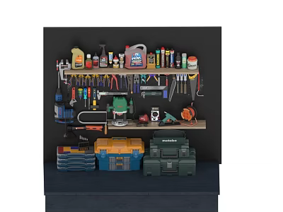 Organized Wall Mounted Tool Rack With Assorted Hanging Tools And Stacked Toolboxes 3d model