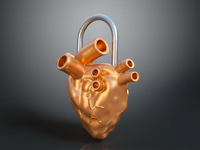 Golden Metallic Heart With Intricate Pipe Structures And Silver Padlock Design Details 3d model