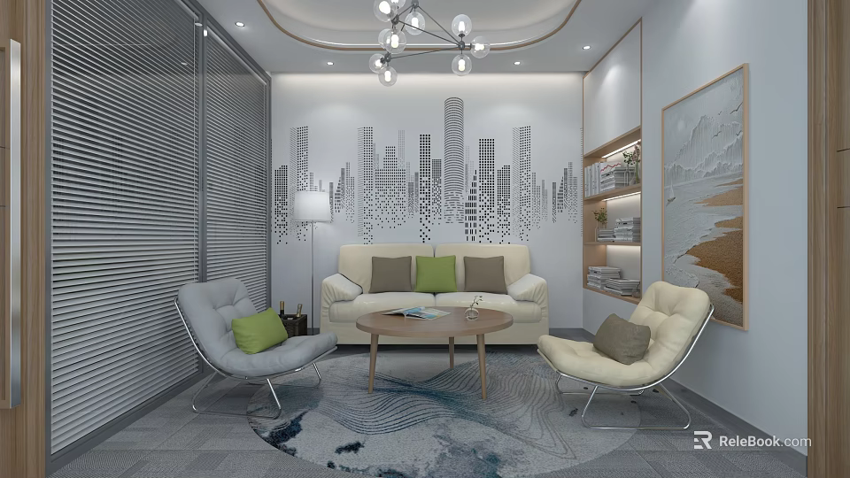 Modern Lounge With Sofa Chairs Coffee Table City Mural And Chandelier 3d model 