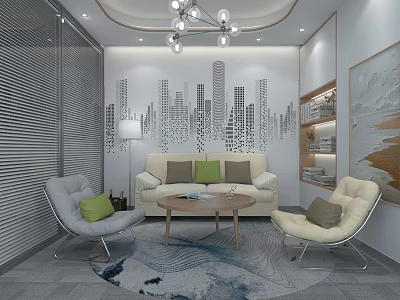 Modern Lounge With Sofa Chairs Coffee Table City Mural And Chandelier 3d model
