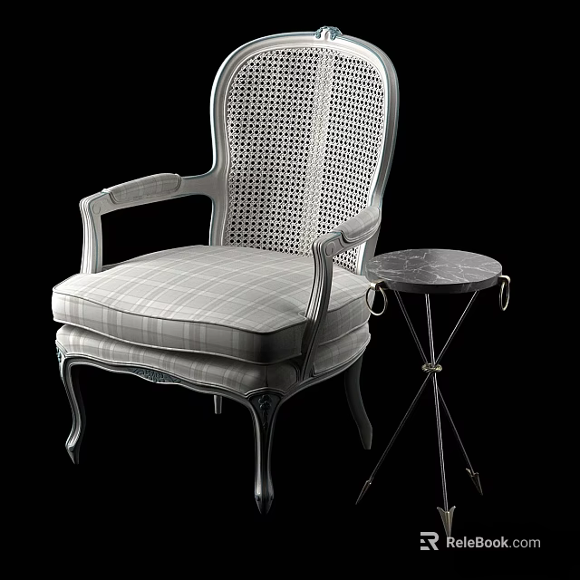 Classic Leisure Chair With Rattan Backrest Plaid Cushion Wooden Armrests And Small Round Side Table 3d model 