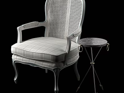 Classic Leisure Chair With Rattan Backrest Plaid Cushion Wooden Armrests And Small Round Side Table 3d model