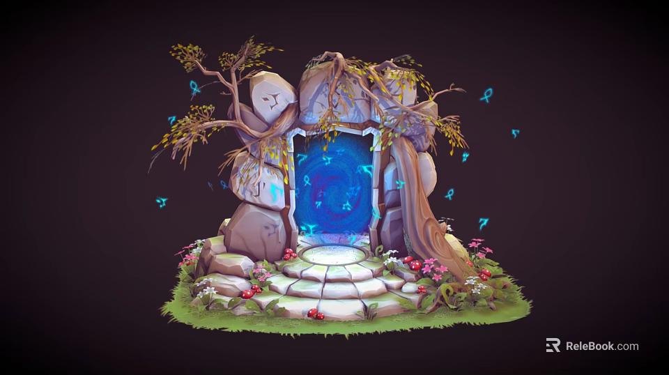 Enchanting Cartoon Scene With Magical Stone Gate Glowing Blue Door Tree Butterflies Stone Steps Flowers 3d model 