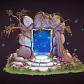 Enchanting Cartoon Scene With Magical Stone Gate Glowing Blue Door Tree Butterflies Stone Steps Flowers