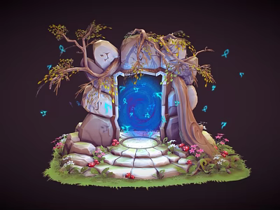 Enchanting Cartoon Scene With Magical Stone Gate Glowing Blue Door Tree Butterflies Stone Steps Flowers 3d model