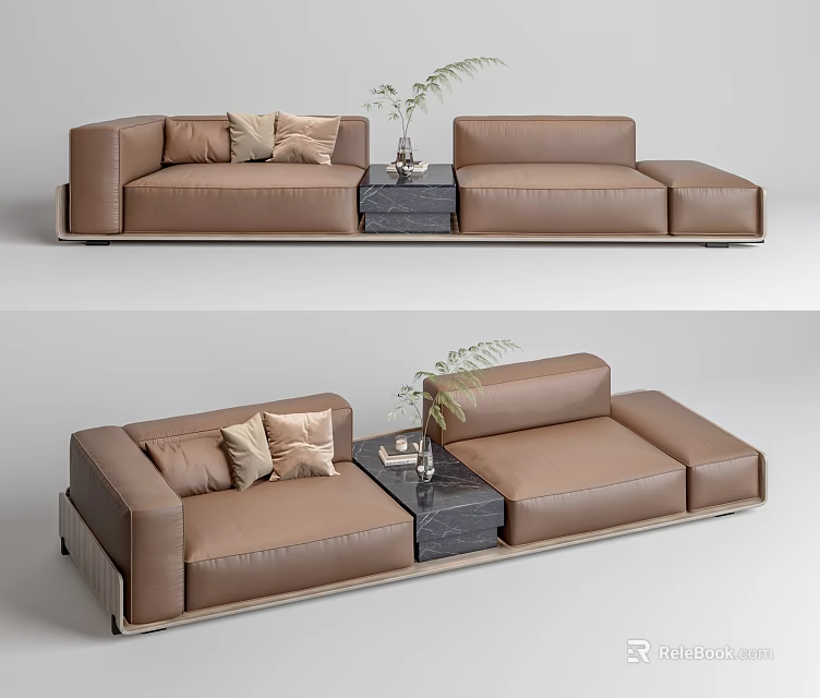 Brown Leather Sectional Sofa With Decorative Pillows Side Table And Plant 3d model